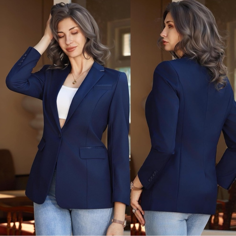 Kelyaa Blue Notched Lapel One Button Suit Blazer